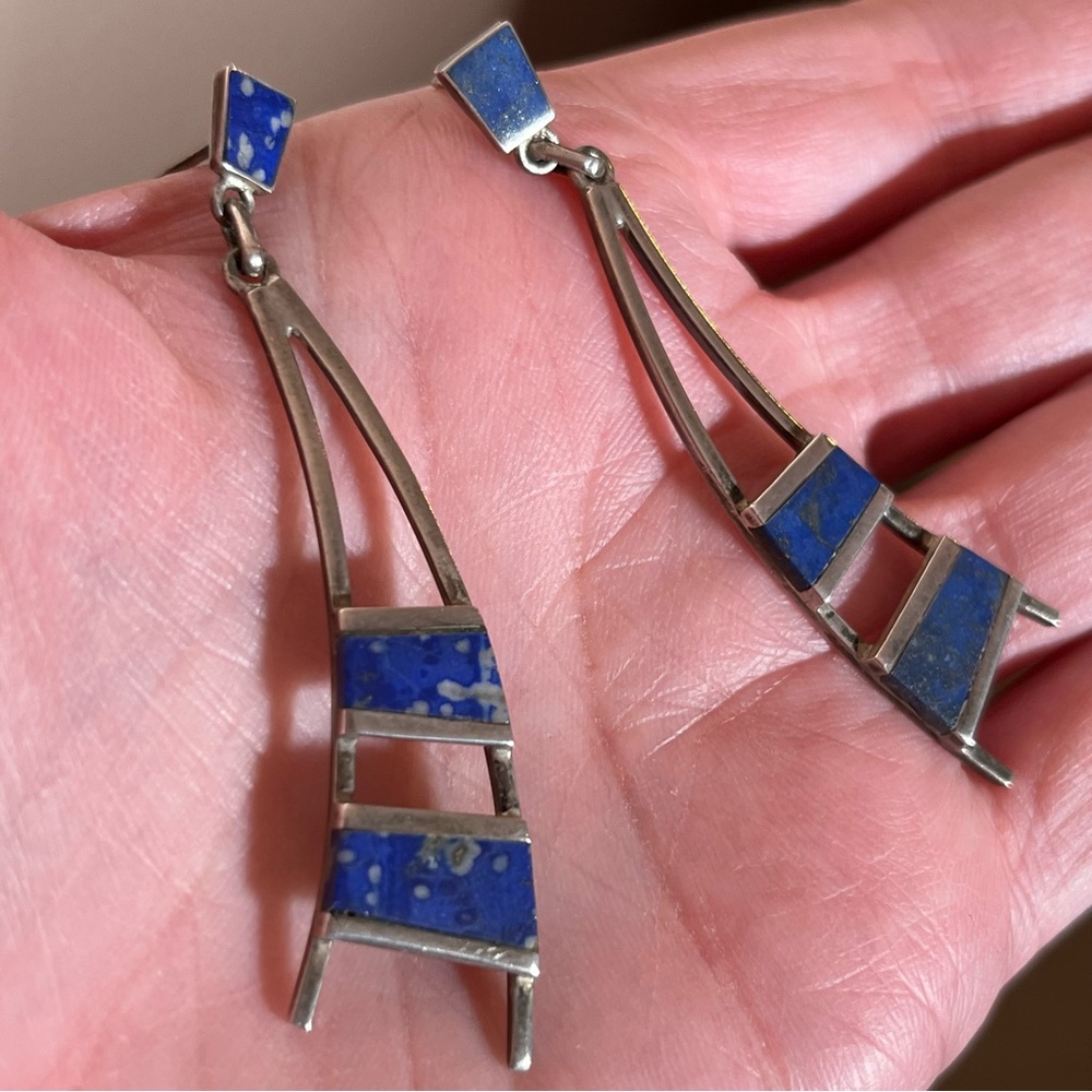 Vintage Native American Blue Lapis Modernist Sterling Silver Long Earrings